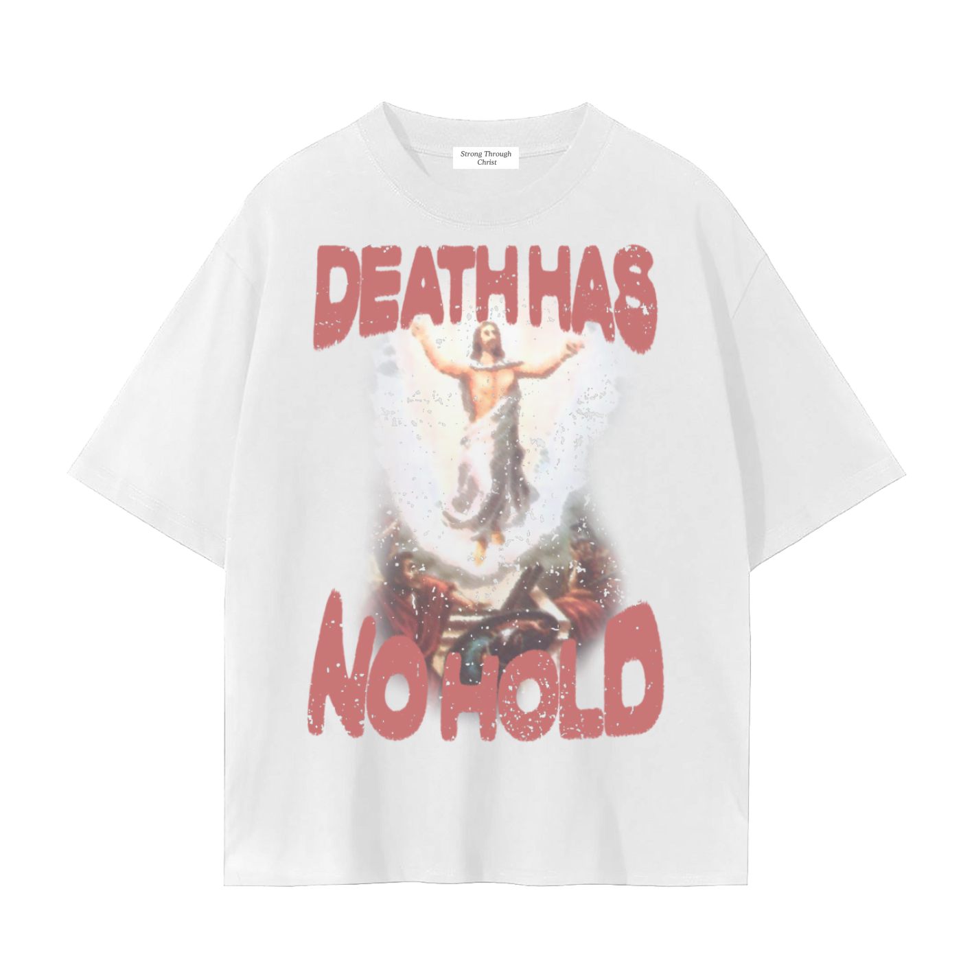White t-shirt with graphic design and text 'DEATH HAS NO HOLD' on a white background