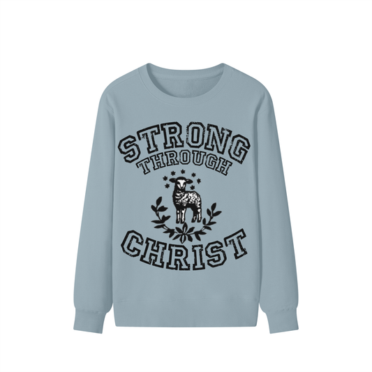 Light blue sweatshirt with 'Strong Through Christ' text and lamb graphic on a white background