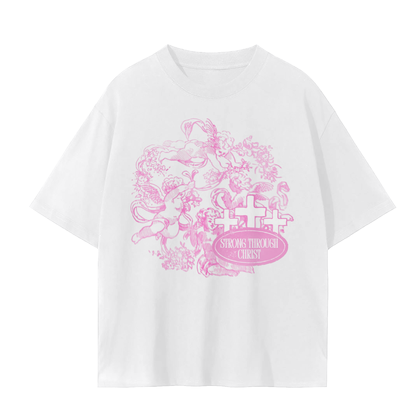 Front view of black Heavens Angels Christian t-shirt with white graphic text