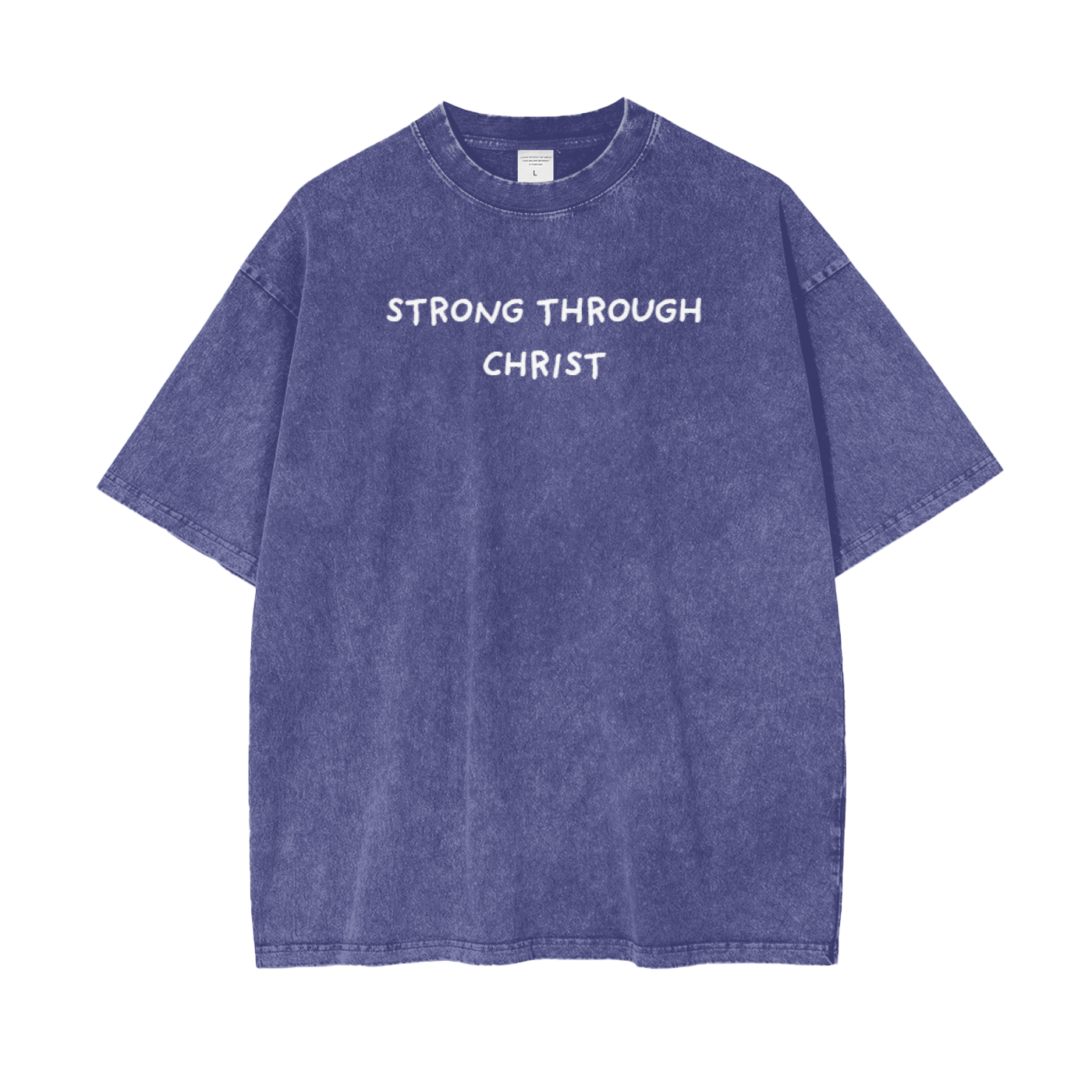 A pink crew neck t-shirt with the text 'STRONG THROUGH CHRIST' printed on the front.