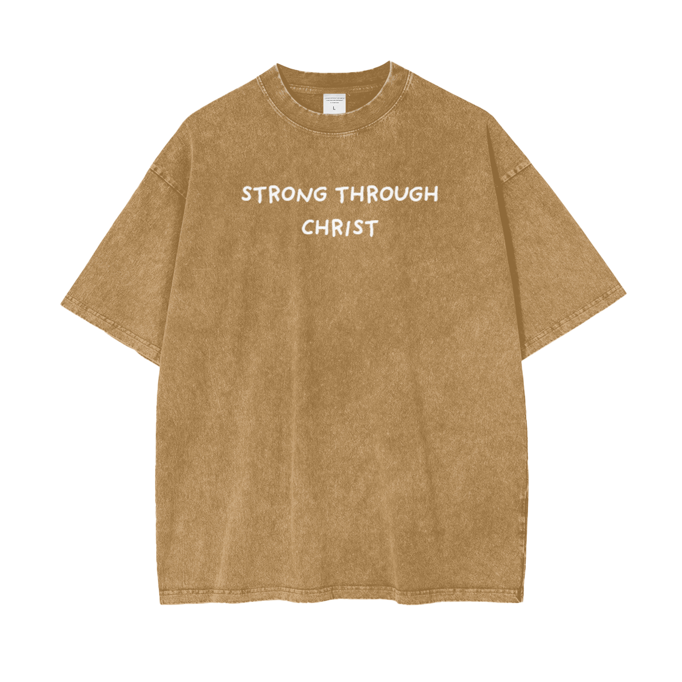 A pink crew neck t-shirt with the text 'STRONG THROUGH CHRIST' printed on the front.