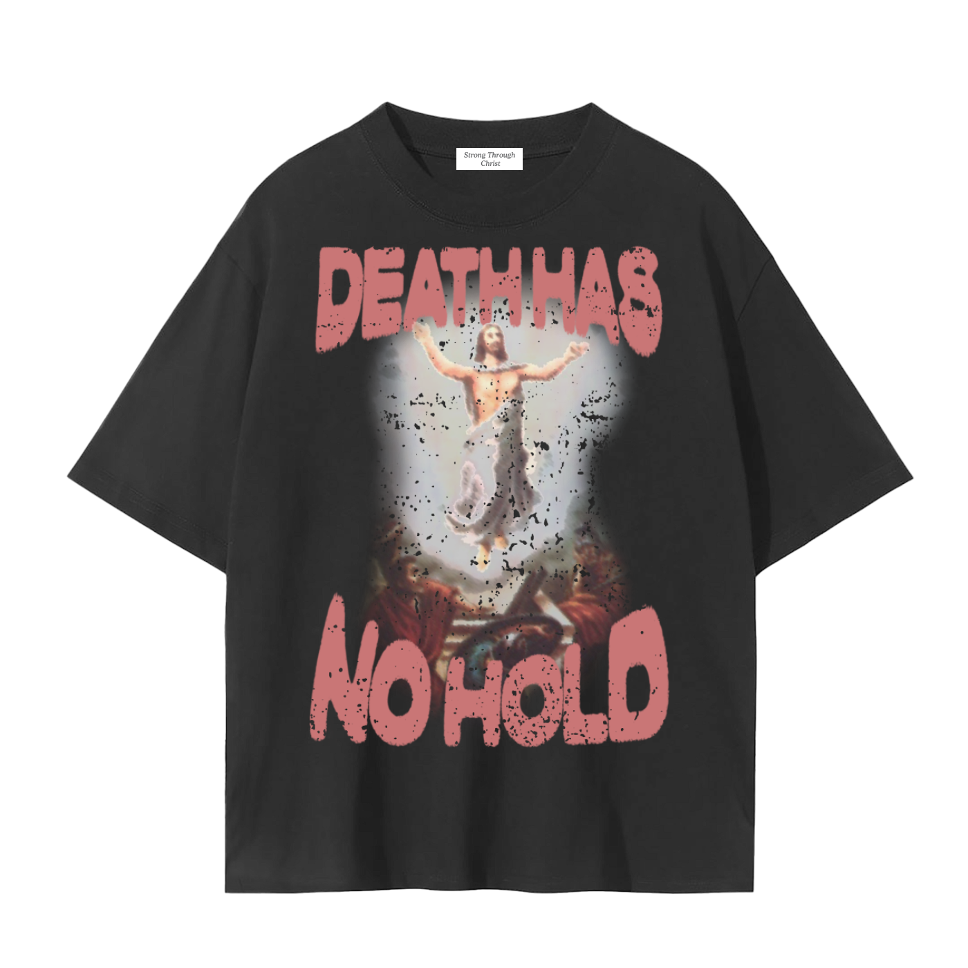 Green t-shirt with graphic design and text 'DEATH HAS NO HOLD' on a white background