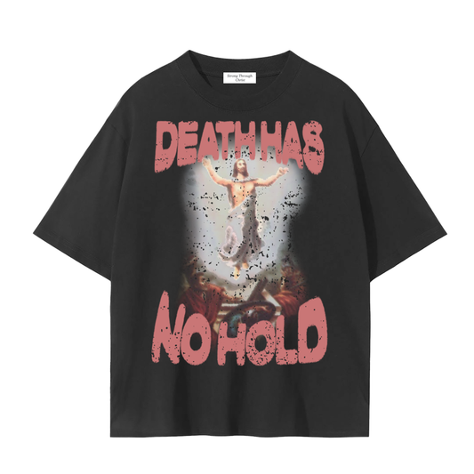 Green t-shirt with graphic design and text 'DEATH HAS NO HOLD' on a white background