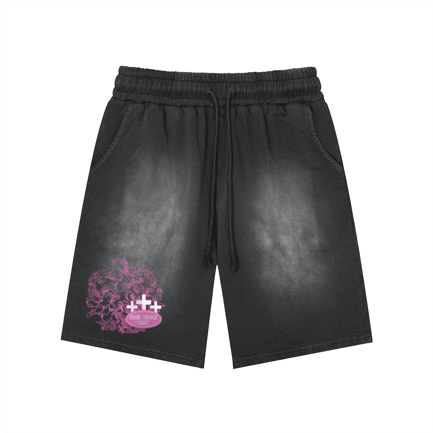Black shorts with a pink graphic design on a white background