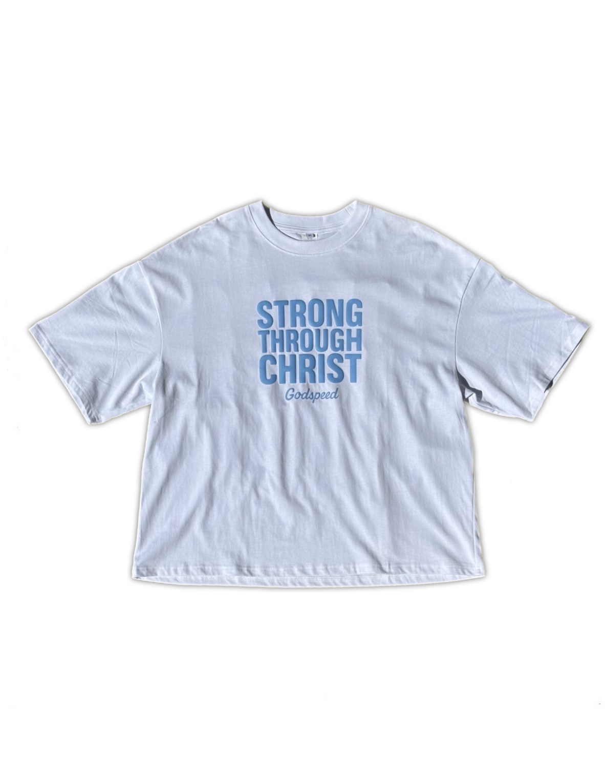 White t-shirt with 'Strong Through Christ' text on a white background