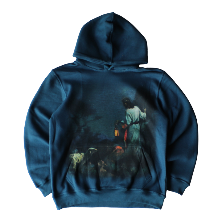 Blue hoodie with a printed design on the back against a white background