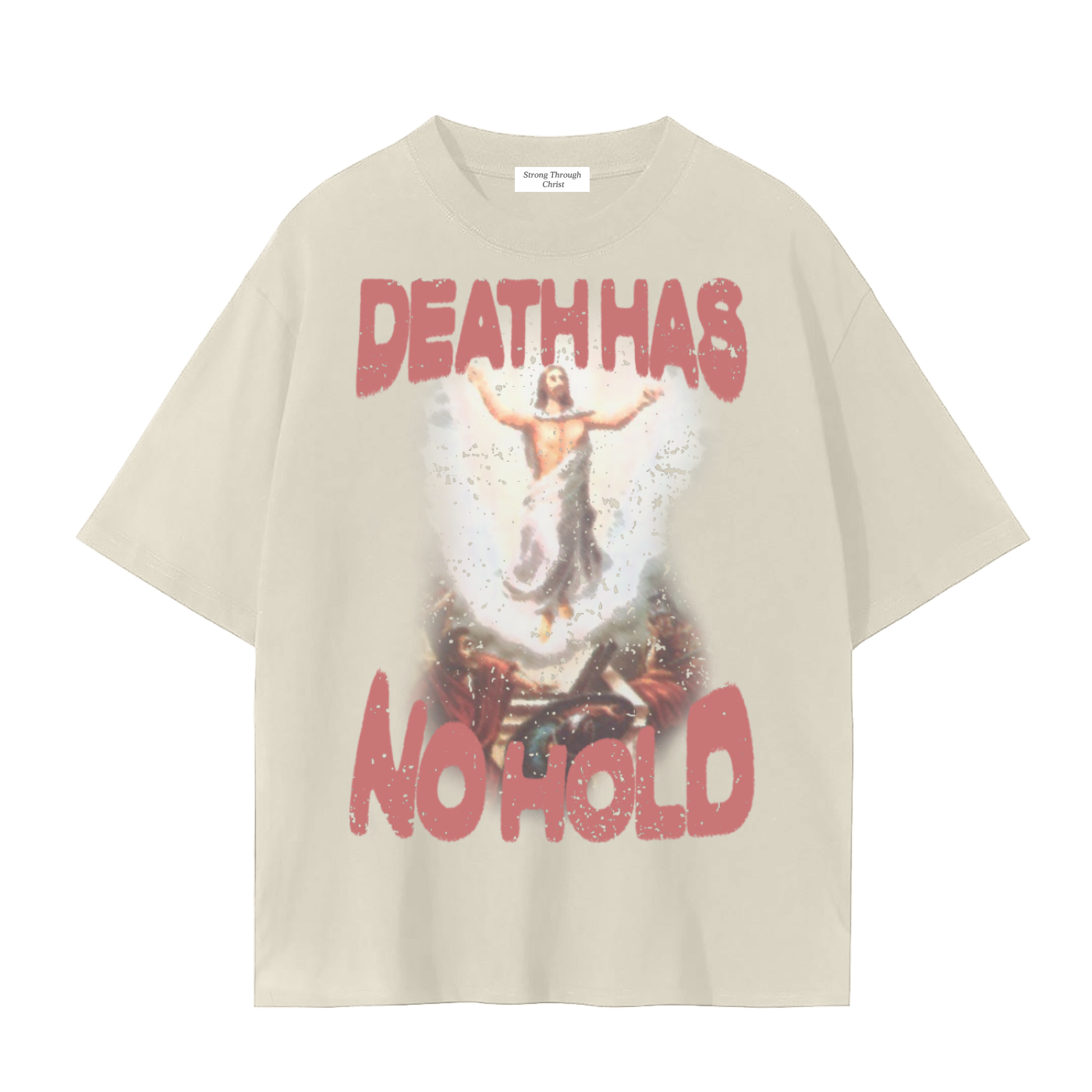 Beige t-shirt with graphic design and text 'DEATH HAS NO HOLD' on a white background
