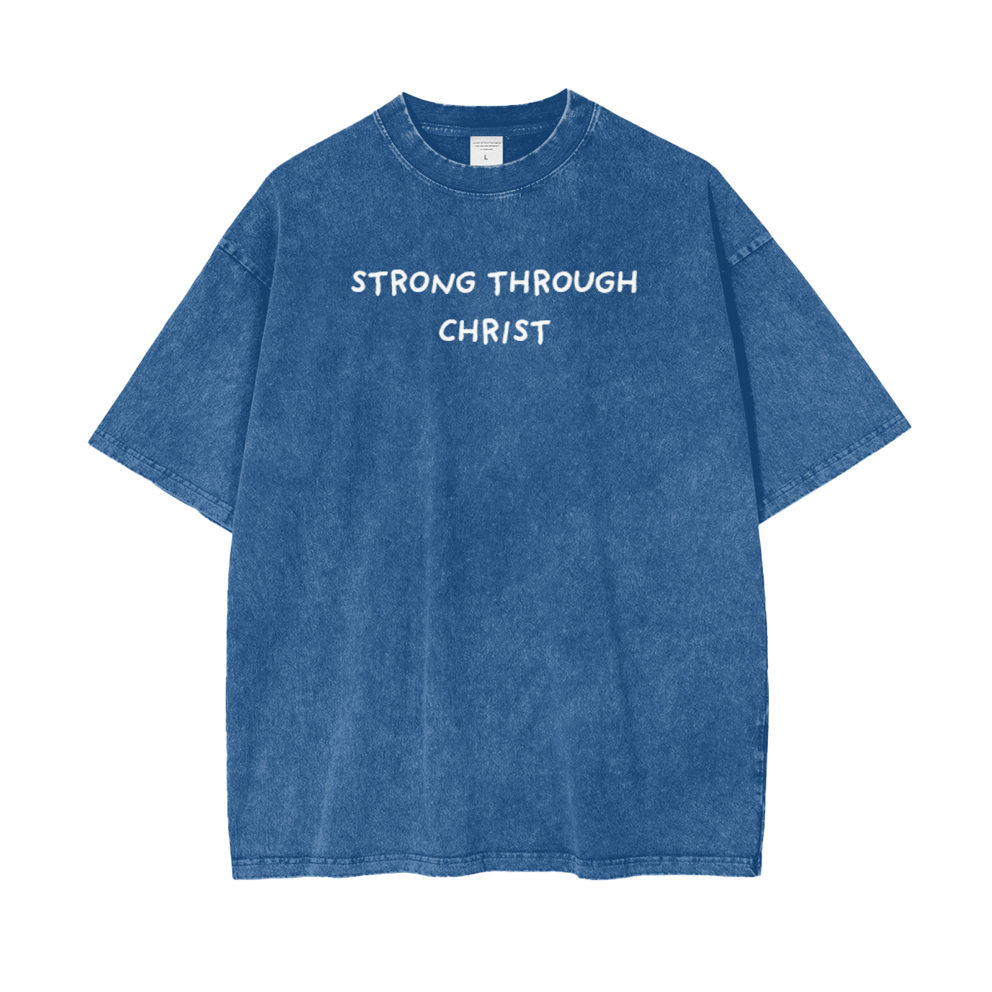 A pink crew neck t-shirt with the text 'STRONG THROUGH CHRIST' printed on the front.