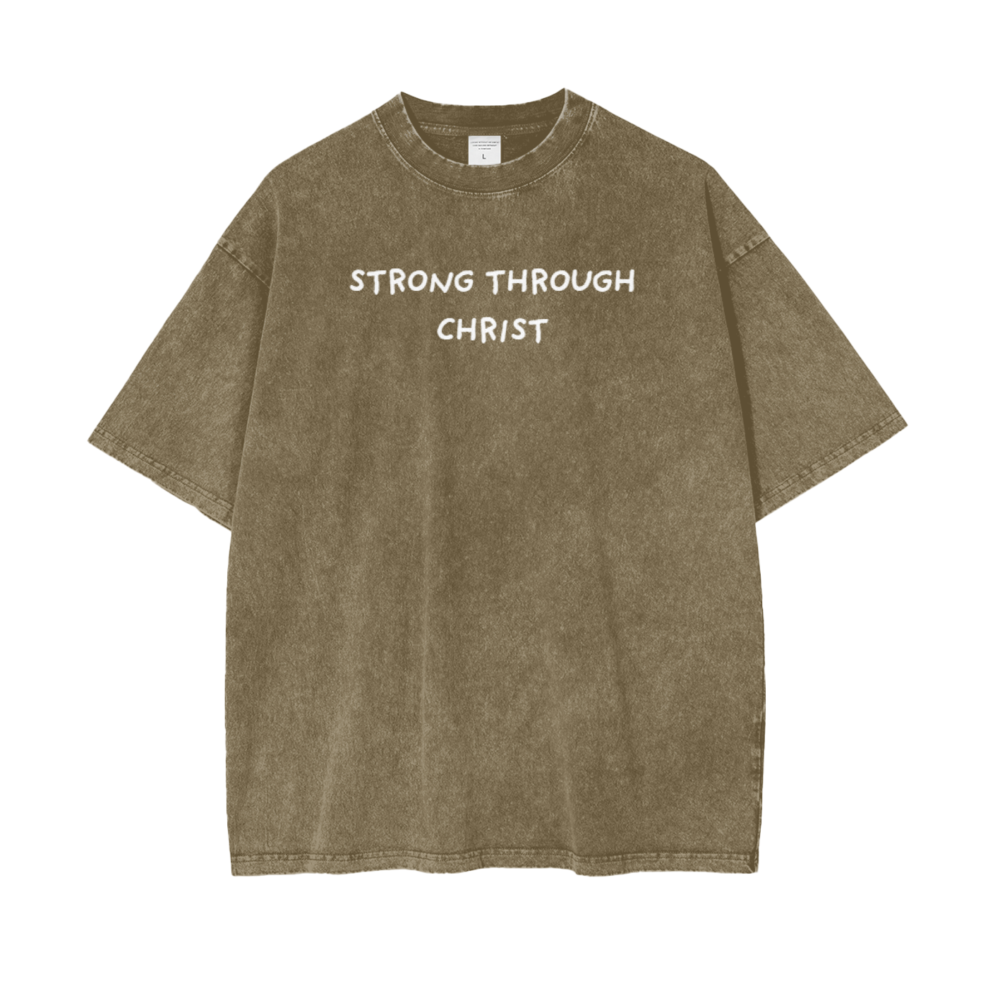 A pink crew neck t-shirt with the text 'STRONG THROUGH CHRIST' printed on the front.