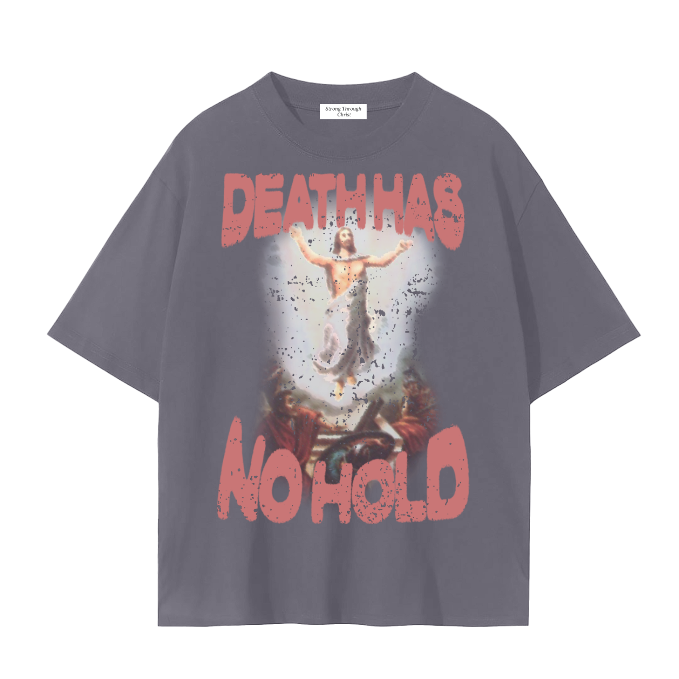 Gray t-shirt with graphic design and text 'DEATH HAS NO HOLD' on a white background