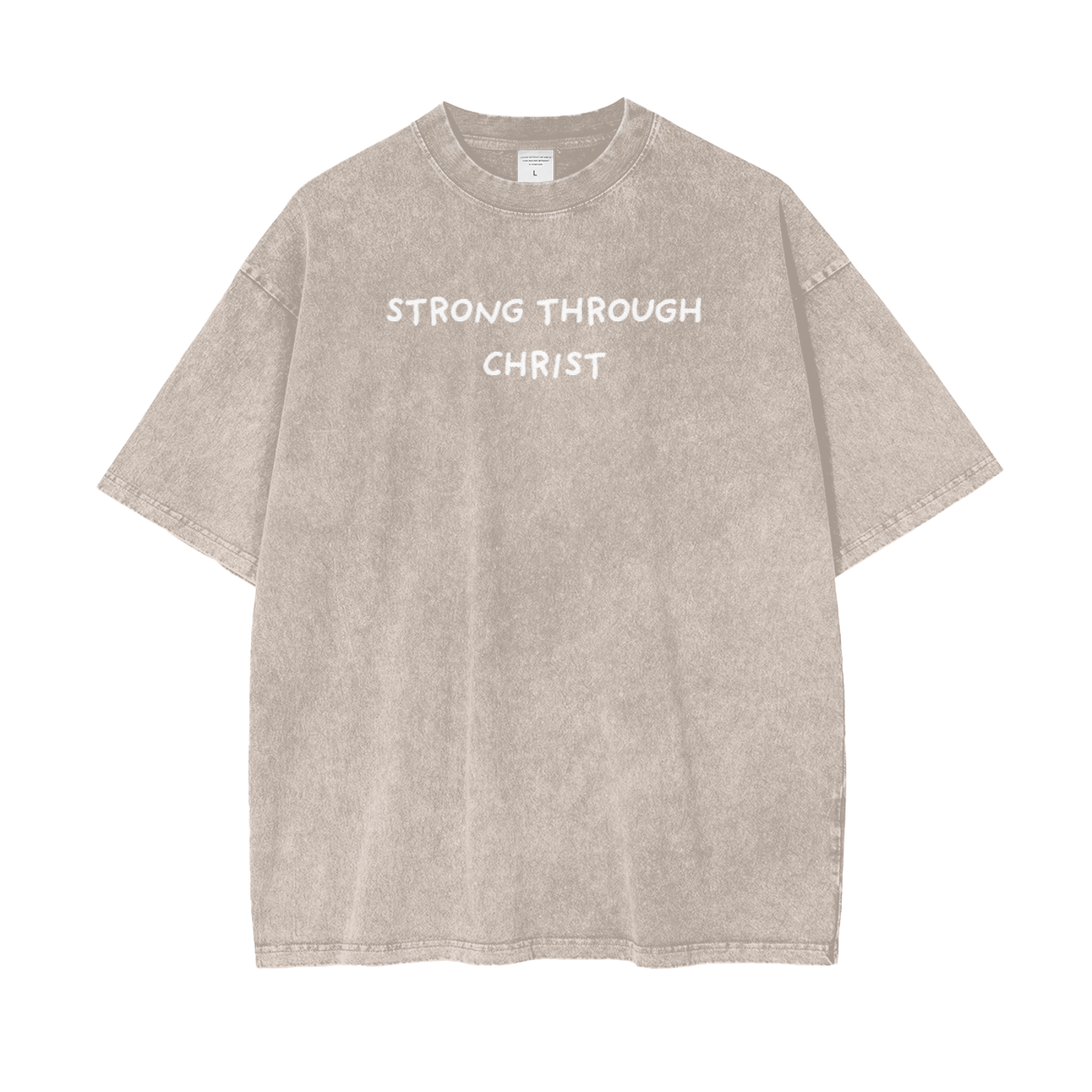 A grey crew neck t-shirt with the text 'STRONG THROUGH CHRIST' printed on the front.