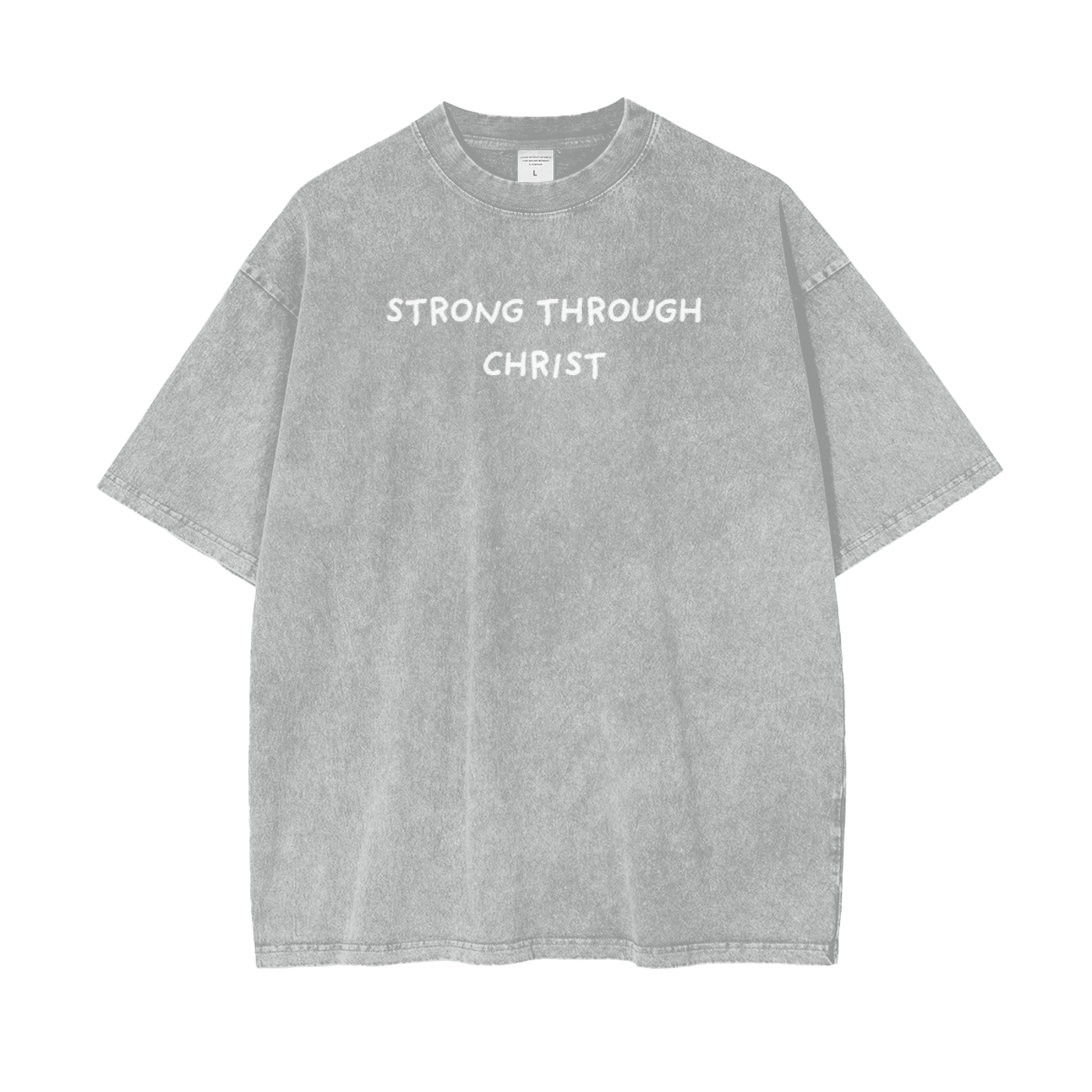 A pink crew neck t-shirt with the text 'STRONG THROUGH CHRIST' printed on the front.