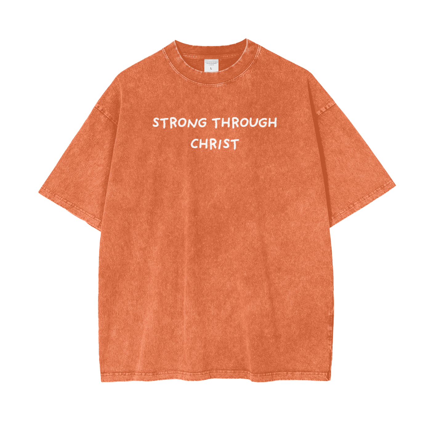 A pink crew neck t-shirt with the text 'STRONG THROUGH CHRIST' printed on the front.