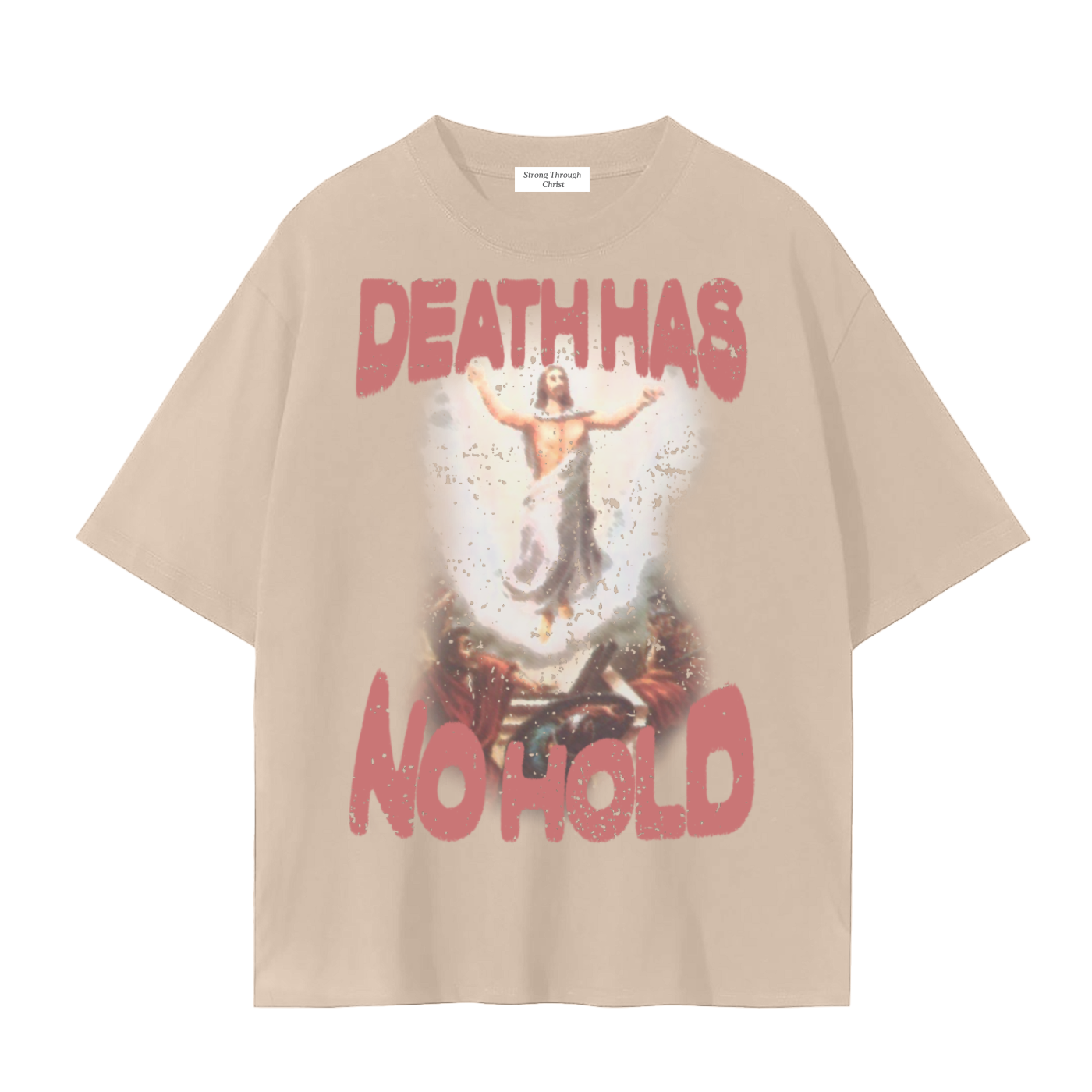 Beige t-shirt with graphic design and text 'DEATH HAS NO HOLD' on a white background