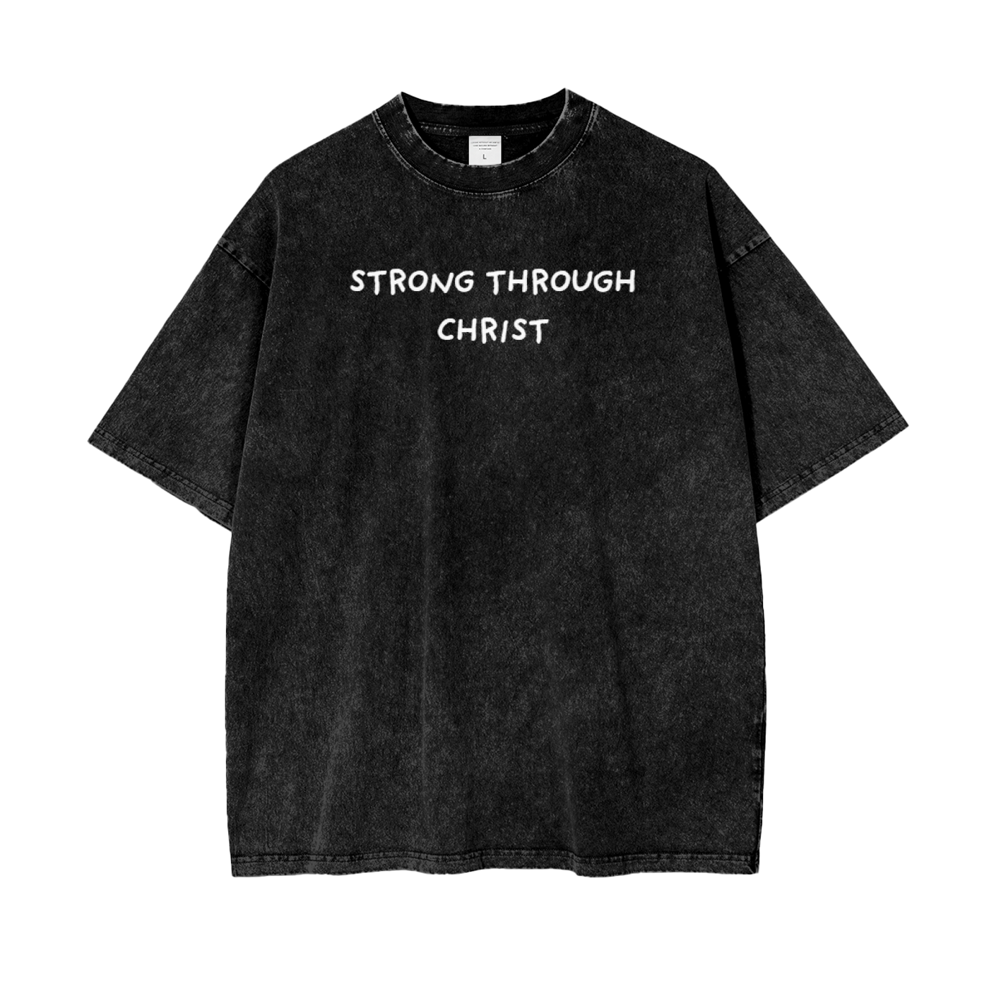 A pink crew neck t-shirt with the text 'STRONG THROUGH CHRIST' printed on the front.