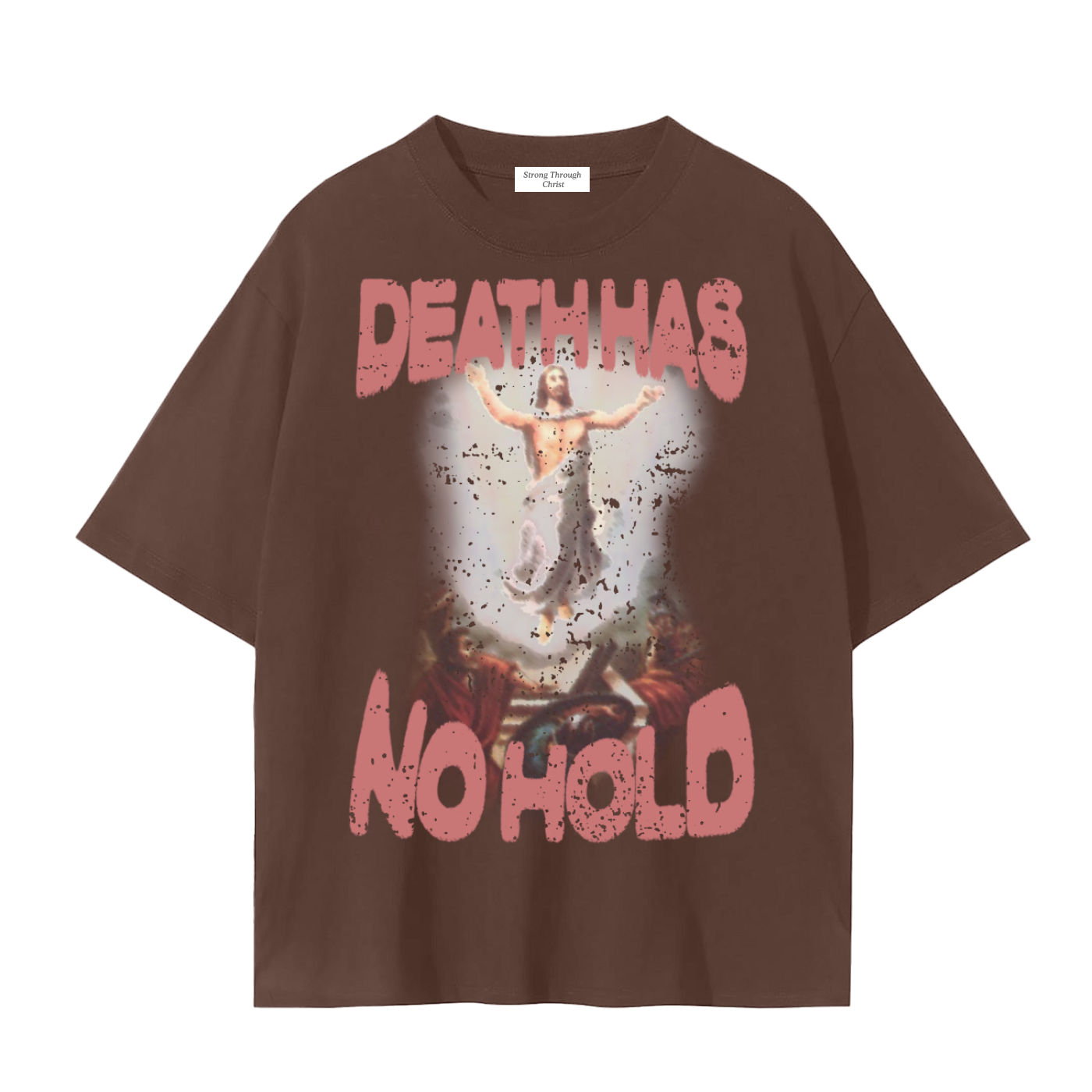 Brown t-shirt with graphic design and text 'DEATH HAS NO HOLD' on a white background